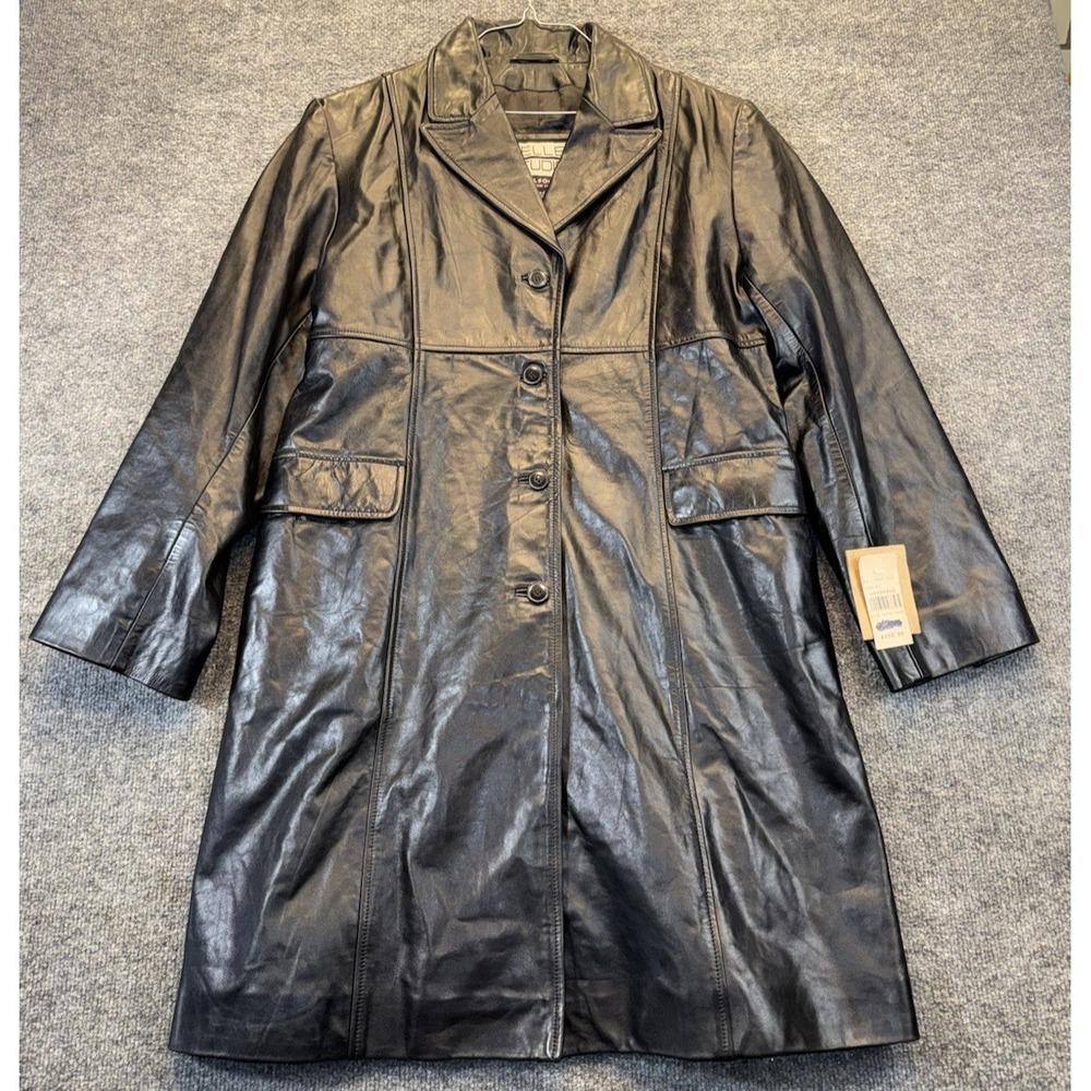Vintage Wilsons Women's XL Black Genuine Leather Long Coat Satin Lined NWT